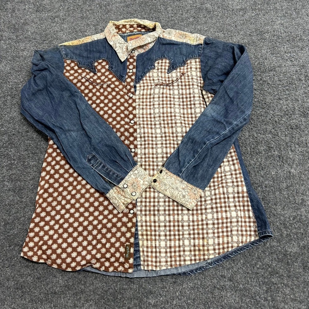 Wrangler Shirt Womens Large Cotton Patchwork Denim Floral Plaid Western Snap Up